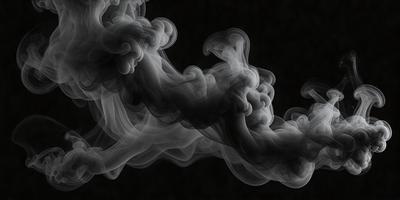 The primary subject of the image is a large, dark, and smoky cloud. The setting is a black background, which emphasizes the cloud's shape and texture. The visual style is a close-up of the cloud, showcasing its intricate structure. The colors and mood of the image are dark and moody, with the cloud's dense and ominous appearance.