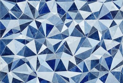 The primary subject of the image is a blue and white geometric pattern, which is the main focus of the image. The setting is a blue and white background, which complements the pattern. The visual style is a digital art or illustration, as the pattern is intricately designed and detailed. The dominant colors are blue and white, creating a calm and soothing atmosphere.