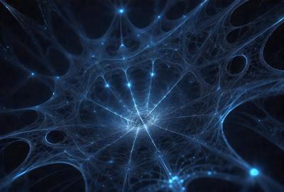 The primary subject of the image is a blue, glowing, and intricate web-like structure. The setting is a dark background, which emphasizes the blue light emanating from the web. The visual style is a combination of digital art and illustration, creating a unique and captivating scene. The colors and mood of the image are predominantly blue, with a sense of mystery and wonder.