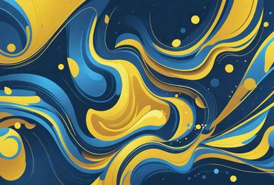 The primary subject of the image is a vibrant and colorful painting featuring a blue and yellow color scheme. The painting is set against a dark blue background, creating a striking contrast. The visual style of the painting is a mix of digital art and illustration, giving it a unique and artistic appearance. The dominant colors in the painting are blue and yellow, which evoke a sense of energy and creativity.