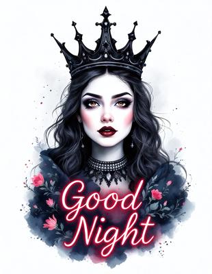 The primary subject of the image is a woman wearing a crown and a black dress. She is depicted as a queen, and her eyes are described as "evil." The setting is a dark, moody environment, and the visual style is a digital art or illustration. The colors are predominantly dark, with the woman's dress and the crown being the main focus. The overall atmosphere is mysterious and dramatic.