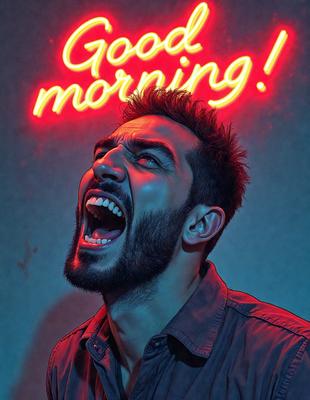 The primary subject of the image is a man with a beard, who is making a funny face and appears to be yelling. He is wearing a brown shirt and has a beard. The setting is a room with a red neon sign in the background. The visual style is a photo, and the colors and mood are energetic and humorous.