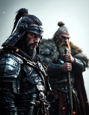 The primary subject of the image is a man wearing a helmet and a beard, standing next to another man. The setting appears to be a fantasy or historical scene, with the two men standing in front of a wall. The visual style of the image is a digital art or illustration, with the men depicted in a detailed and realistic manner. The colors and mood of the image are dark and dramatic, with the men's attire and the overall atmosphere creating a sense of intensity and seriousness.