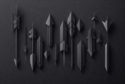 The primary subject of the image is a collection of black triangles, which are arranged in various orientations and sizes. The setting is a black background, which provides a stark contrast to the triangles. The visual style is a combination of digital art and illustration, as the triangles are created using a computer program or digital drawing tool. The overall atmosphere is minimalistic and geometric, with the black triangles being the main focus of the image.