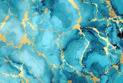 The primary subject of the image is a blue and gold marbled wallpaper. The setting is a room with a blue and gold marbled wallpapered wall. The visual style is a painting, and the colors and mood are vibrant and luxurious.