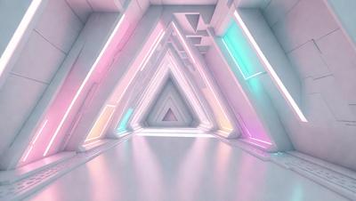 The primary subject of the image is a long, narrow hallway with a white surface. The setting is a futuristic environment, possibly a space station or a futuristic building. The visual style is digital art, as the hallway is filled with bright, neon colors and has a patterned design. The dominant colors are pink, blue, and white, creating a vibrant and futuristic atmosphere.