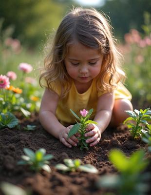 The primary subject of the image is a young girl who is playing in the dirt. She is holding a small pink flower in her hand, which is the main object of the scene. The setting is an outdoor environment with a garden, where the girl is surrounded by various plants and flowers. The visual style of the image is a photo, capturing the girl's playful interaction with the flower. The colors in the image are predominantly earthy tones, such as brown and green, which create a warm and natural