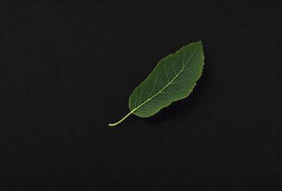 The primary subject of the image is a leaf, which is the main object, scene, or focus of the image. The leaf is green and is placed on a black background, creating a contrast between the leaf and the setting. The visual style of the image is a photo, capturing the leaf in its natural environment. The colors and mood of the image are predominantly black and green, giving it a calm and serene atmosphere.