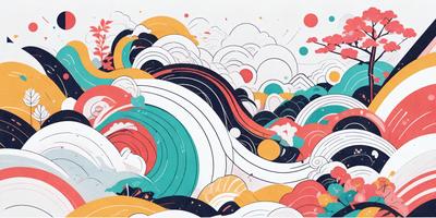 The image is a colorful and vibrant illustration of a wave, featuring a mix of blue, green, red, and yellow colors. The wave is depicted as a large, swirling mass of water, with a cloudy sky in the background. The illustration is reminiscent of a painting, showcasing the artist's creativity and skill in capturing the dynamic nature of the wave.