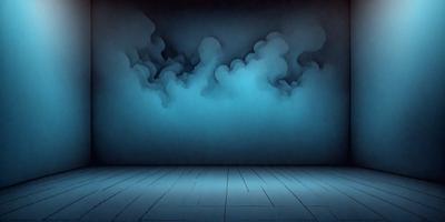 The primary subject of the image is a wooden floor with a blue background. The setting appears to be a room with a blue wall. The visual style is a digital art or illustration, creating a surreal and artistic atmosphere. The dominant colors are blue and white, with the blue wall and wooden floor, while the overall mood is serene and calming.