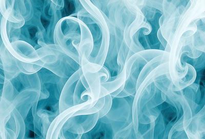 The primary subject of the image is a blue background with a white, swirling, and curling smoke-like pattern. The visual style appears to be a digital art or illustration, creating a dynamic and artistic atmosphere. The colors and mood of the image are predominantly blue and white, giving it a calming and serene feel.