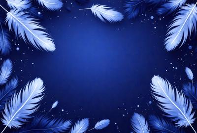 The primary subject of the image is a blue background with white feathers scattered across it. The setting appears to be a night sky, as the feathers are floating in the air. The visual style of the image is a digital art or illustration, with the feathers and background creating a unique and artistic composition. The colors and mood of the image are predominantly blue and white, with a sense of tranquility and beauty.