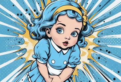 The primary subject of the image is a young girl wearing a blue dress. She is posing for the camera with a smile on her face. The setting is a colorful background, which adds to the overall visual style of the image. The colors and mood of the image are vibrant and cheerful, with the girl's blue dress being the dominant color.