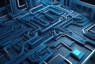The primary subject of the image is a blue and black patterned surface, which appears to be a digital art or illustration. The setting is a futuristic environment, possibly a space station or a high-tech facility. The visual style is a combination of digital art and illustration, creating a unique and intricate design. The dominant colors are blue and black, giving the image a futuristic and technological mood.