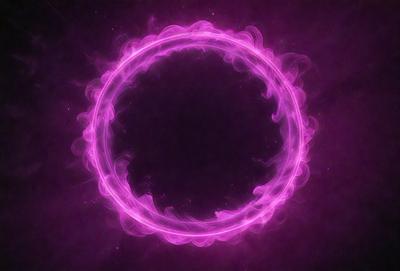The primary subject of the image is a purple circle, which appears to be a neon or glowing circle. The setting is a dark background, which contrasts with the bright purple circle. The visual style is a combination of a photo and digital art, creating a unique and eye-catching effect. The colors and mood of the image are predominantly purple, giving it a vibrant and energetic atmosphere.