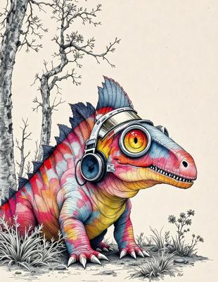 The primary subject of the image is a colorful, cartoon-like dinosaur with a headset on, standing in a grassy area. The dinosaur appears to be a mix of a lizard and a bird, with a vibrant and playful design. The setting is a grassy field with a tree in the background, creating a natural and serene atmosphere. The visual style of the image is a combination of digital art and illustration, giving it a unique and creative appearance. The colors and mood