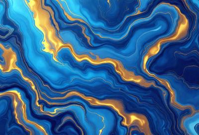 The primary subject of the image is a blue and gold swirling pattern, which appears to be a digital art or illustration. The setting is a blue and gold background, creating a visually striking contrast. The visual style is a mix of digital art and illustration, with the gold and blue colors creating a vibrant and lively atmosphere.