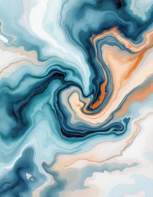 The primary subject of the image is a painting featuring a blue and orange swirl. The setting is a white background, and the visual style appears to be a digital art or illustration. The dominant colors in the painting are blue and orange, creating a vibrant and dynamic atmosphere.