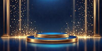 The primary subject of the image is a blue and gold stage. The stage is set against a blue background, giving it a striking appearance. The visual style of the image is digital art, as it is a well-crafted and detailed illustration. The colors and mood of the image are vibrant and energetic, with the blue stage and gold accents creating a sense of sophistication and elegance.