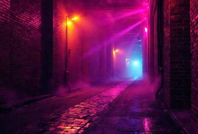 The primary subject of the image is a long, narrow alleyway with a brick surface. The setting is a dark, foggy environment, creating a mysterious and moody atmosphere. The visual style appears to be a photo, capturing the alley's unique ambiance. The dominant colors in the image are purple and pink, which contribute to the overall mood and aesthetic of the scene.