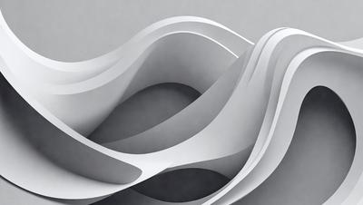 The primary subject of the image is a large, white, curved structure that resembles a wave or a sculpture. The setting is a gray background, which contrasts with the white structure. The visual style appears to be a combination of digital art and illustration, creating a unique and artistic representation of the subject. The colors and mood of the image are predominantly white, giving it a clean and minimalist appearance.