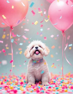 The primary subject of the image is a small white dog sitting on a pink surface. The dog is wearing a bow tie and appears to be enjoying the celebration. The setting is a festive environment, with balloons and confetti surrounding the dog. The visual style is a photo, capturing the joyful moment. The colors and mood are predominantly pink and cheerful, reflecting the celebratory atmosphere.