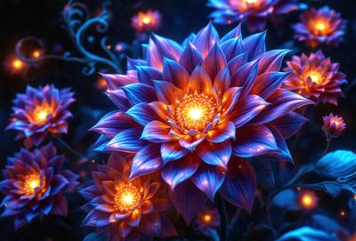 The primary subject of the image is a large, vibrant blue flower with a yellow center. The flower is surrounded by a blue background, which adds to the overall visual style. The colors and mood of the image are lively and energetic, with the blue and yellow colors creating a sense of freshness and vitality.