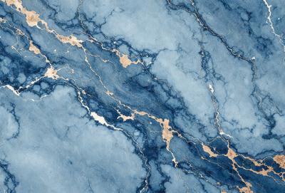 The primary subject of the image is a blue marble wall with gold veins. The setting is a room with a blue marble countertop. The visual style is a close-up of the marble wall, showcasing its unique texture and design. The dominant colors are blue and gold, creating a sense of luxury and elegance.