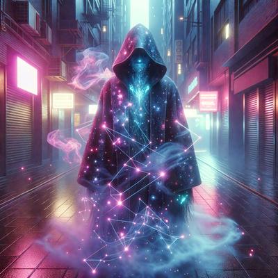 The primary subject of the image is a person wearing a long, flowing robe with a hood. The robe is adorned with a pattern of stars, giving the person a celestial appearance. The setting is a city street at night, with buildings and a car visible in the background. The visual style is a digital art, creating a surreal and dreamy atmosphere. The colors and mood are predominantly purple and blue, with the stars adding a touch of white.