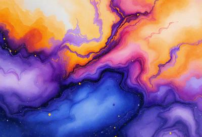 The primary subject of the image is a colorful, abstract painting featuring a mix of purple, blue, and orange hues. The setting is a canvas, and the visual style appears to be a combination of digital art and illustration. The painting has a vibrant and lively atmosphere, with the colors creating a sense of depth and movement.