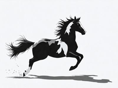 The primary subject of the image is a black and white horse. The horse is running, with its head up and mane flowing behind it. The setting is a white background, which provides a clean and minimalist appearance to the image. The visual style is a combination of photo and digital art, creating a striking contrast between the horse and the background. The colors and mood of the image are predominantly black and white, giving it a classic and timeless feel.