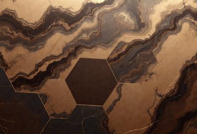 The primary subject of the image is a marble surface with a gold-colored pattern. The setting is a room with a marble floor, and the visual style is a close-up of the marble pattern. The colors and mood of the image are warm and luxurious, with the gold pattern and marble surface creating an elegant and sophisticated atmosphere.