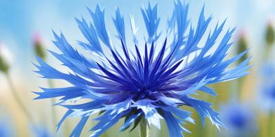 The primary subject of the image is a large, blue flower with a prominent, central stamen. The flower is set against a backdrop of a blue sky, creating a striking contrast. The visual style of the image is a close-up, with the flower being the main focus. The dominant colors in the image are blue and white, giving the scene a calm and serene atmosphere.