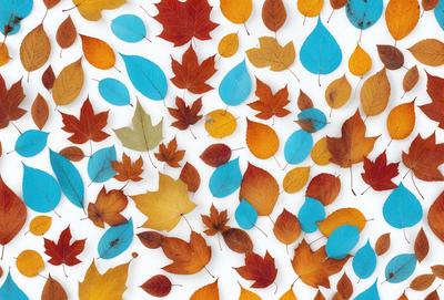 The primary subject of the image is a collection of autumn leaves, which are scattered across a white background. The leaves are in various colors, including red, yellow, and blue, creating a vibrant and lively scene. The visual style of the image is a close-up of the leaves, showcasing their intricate details and textures. The overall atmosphere of the image is warm and inviting, as the autumn leaves evoke feelings of change and the passage of time.