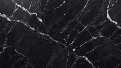 The primary subject of the image is a close-up of a black marble countertop. The setting is a kitchen, with the marble countertop being the main focus of the scene. The visual style is a photo, capturing the intricate details of the marble surface. The colors and mood of the image are predominantly dark, with the black marble providing a striking contrast against the surrounding environment.