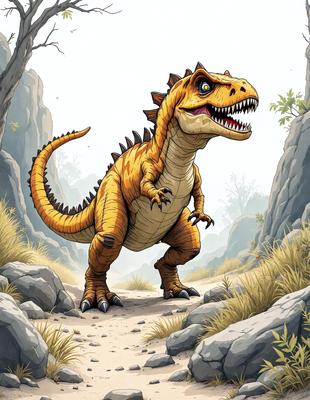 Primary subject: A large, yellow, and brown dinosaur with a long neck and sharp teeth.

Setting/background: The dinosaur is standing on a dirt path surrounded by rocks and trees.

Visual style: The image is a hand-drawn illustration.

Colors and mood: The dinosaur is predominantly yellow with brown accents, and the overall atmosphere is lively and adventurous.