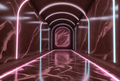 The primary subject of the image is a long, narrow hallway with a pink and purple lighting effect. The setting is a marble-lined tunnel, and the visual style appears to be a combination of photo and digital art. The colors and mood of the image are predominantly pink and purple, creating a unique and visually striking atmosphere.
