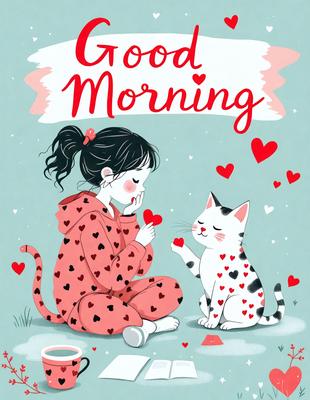 The primary subject of the image is a young girl sitting on the ground, wearing a pink outfit with hearts on it. She is feeding a cat, which is sitting next to her. The setting is an outdoor environment, with a grassy area visible in the background. The visual style is a combination of digital art and illustration, creating a whimsical and heartwarming scene. The colors are predominantly pink and white, with hearts and hearts on the girl's outfit, and the cat