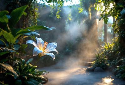 Primary subject: A white flower with yellow petals, surrounded by green plants and a stone path.

Setting/background: The flower is located in a garden, with a stone path leading to a staircase. The garden is filled with green plants, creating a lush and vibrant atmosphere.

Visual style: The image is a photo of the flower and its surroundings.

Colors and mood: The dominant colors are green, white, and yellow, creating a fresh and natural mood. The