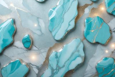 The primary subject of the image is a large, blue marble wall with a pattern of blue and white tiles. The setting is a room with a blue marble wall, and the visual style is a combination of a photo and digital art. The dominant colors are blue and white, creating a calm and serene atmosphere.