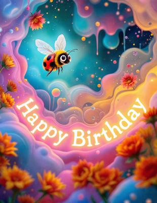 The primary subject of the image is a colorful birthday card featuring a bee and a ladybug. The setting is a vibrant and colorful background, likely a painting or digital artwork. The visual style is a mix of digital art and illustration, creating a lively and cheerful atmosphere. The dominant colors include pink, yellow, and orange, which contribute to the overall happy and celebratory mood of the card.