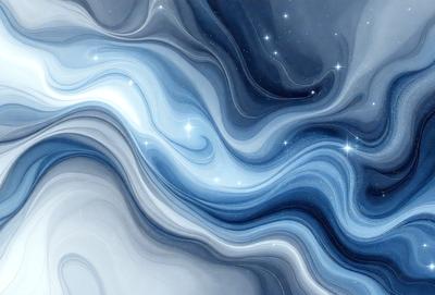 The primary subject of the image is a blue and white ocean wave. The setting is a vast, open ocean with a starry night sky in the background. The visual style is a digital art or illustration, creating a sense of depth and movement in the wave. The dominant colors are blue and white, with the blue wave and white stars in the sky creating a serene and calming atmosphere.
