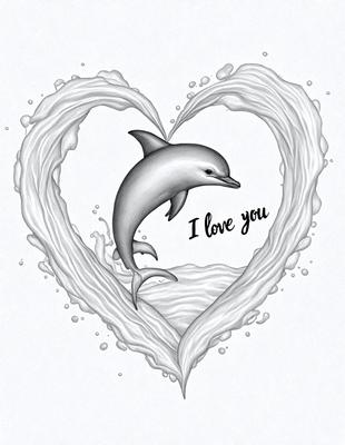 The primary subject of the image is a heart-shaped illustration of a dolphin. The dolphin is depicted in a heart shape, with the words "I love you" written beneath it. The setting is a white background, which provides a clean and simple backdrop for the illustration. The visual style is a combination of digital art and illustration, creating a unique and personalized design. The colors used are predominantly shades of white and gray, giving the image a clean and elegant appearance. The overall