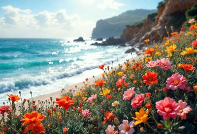 The primary subject of the image is a beautiful beach scene with a vibrant display of colorful flowers. The setting is a sandy beach near the ocean, with the water visible in the background. The visual style of the image is a photo, capturing the natural beauty of the flowers and the beach environment. The colors and mood of the image are lively and cheerful, with the bright flowers and the ocean creating a sense of tranquility and relaxation.