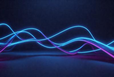 The primary subject of the image is a blue background with a purple light streak or wave. The setting appears to be a dark room, and the visual style is a combination of digital art and illustration. The dominant colors are blue and purple, creating a calming and serene atmosphere.