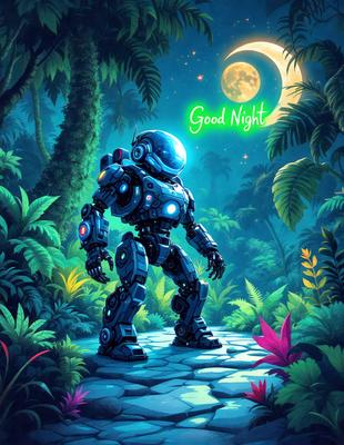 The primary subject of the image is a robot standing on a stone path in a jungle-like environment. The setting includes a moon in the background, adding to the overall atmosphere. The visual style of the image is digital art, with the robot being the main focus. The colors and mood of the image are predominantly dark, with the robot being the main source of light.
