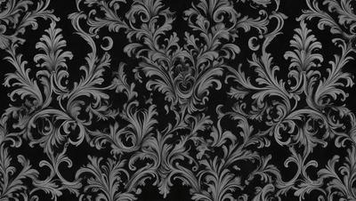 The primary subject of the image is a black and white patterned wallpaper featuring a floral design. The setting is a room with a black background, which emphasizes the patterned wallpaper. The visual style is a close-up of the wallpaper, showcasing the intricate details of the floral design. The colors and mood of the image are predominantly black and white, giving it a classic and elegant appearance.
