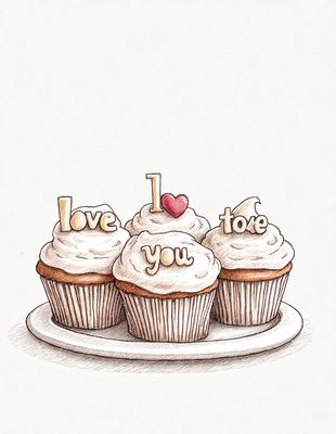The primary subject of the image is a plate with four cupcakes on it. The cupcakes are decorated with the words "I love you" written on them. The setting is a table, and the visual style is a hand-drawn illustration. The colors and mood of the image are warm and inviting, with the cupcakes and the words "I love you" conveying a sense of affection and love.