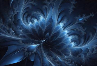 The primary subject of the image is a blue and white flower, which is the main object, scene, or focus of the image. The setting or background features a blue and white swirling pattern, which adds to the visual style of the image. The overall atmosphere is serene and calming, with the blue and white colors creating a sense of tranquility.
