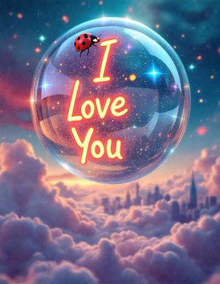 The primary subject of the image is a large, colorful, and shiny bubble with the words "I Love You" written on it. The bubble is floating in a cloudy, blue sky, which serves as the setting for the scene. The visual style of the image is a combination of digital art and illustration, creating a whimsical and heartwarming atmosphere. The dominant colors in the image are blue, pink, and yellow, which contribute to the overall mood of the scene.